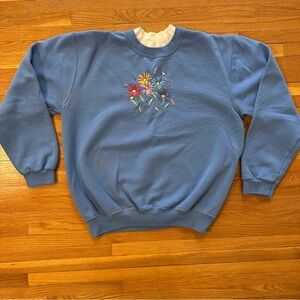 Blue vintage Floral Embroidered Crewneck Sweatshirt